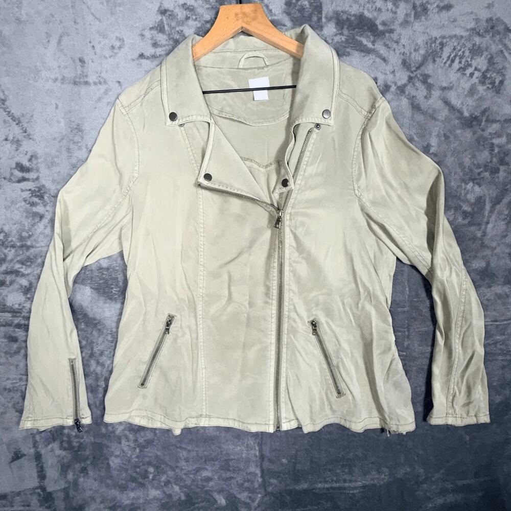 Chico's Womens Moto Jacket Size‎ 2 L 12/14 Khaki Full Zip Biker Utility Casual